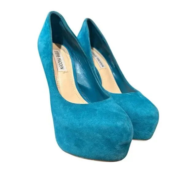 Steve Madden Ultra High Dejavu Teal Pump Heels Women’s Size 6.5M Suede - Picture 4 of 5